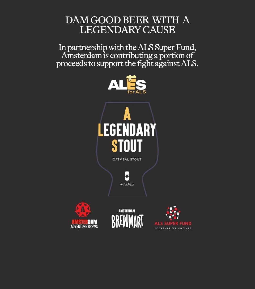 Promotional poster for A Legendary Stout with ALS Super Fund text on a black background