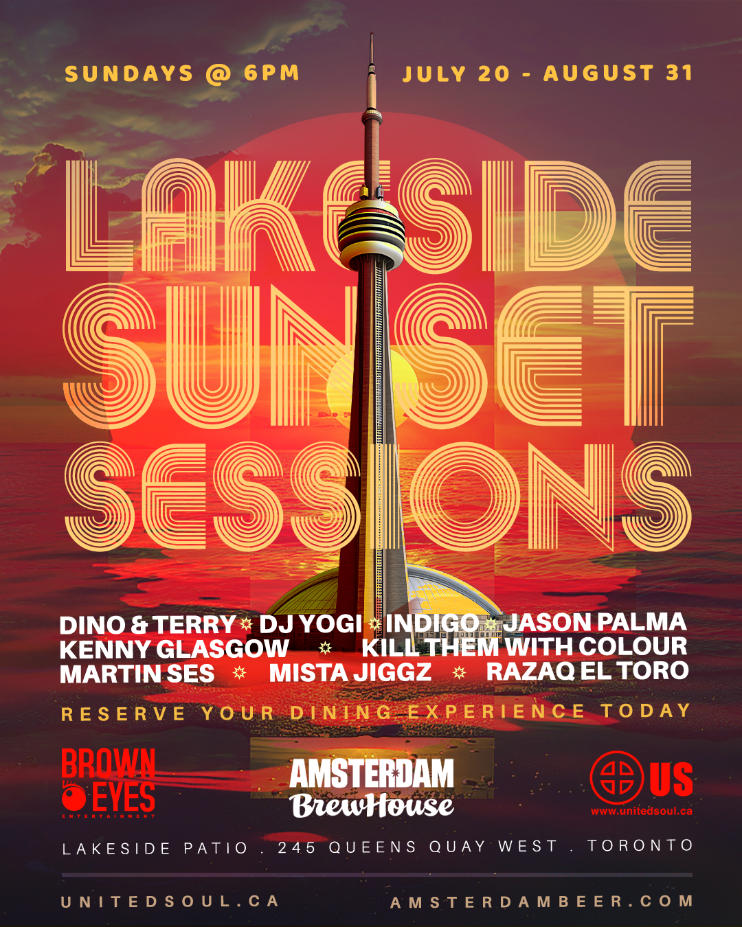 Promotional poster for Lakeside Sunset Sessions event with sunset and tower illustration.
