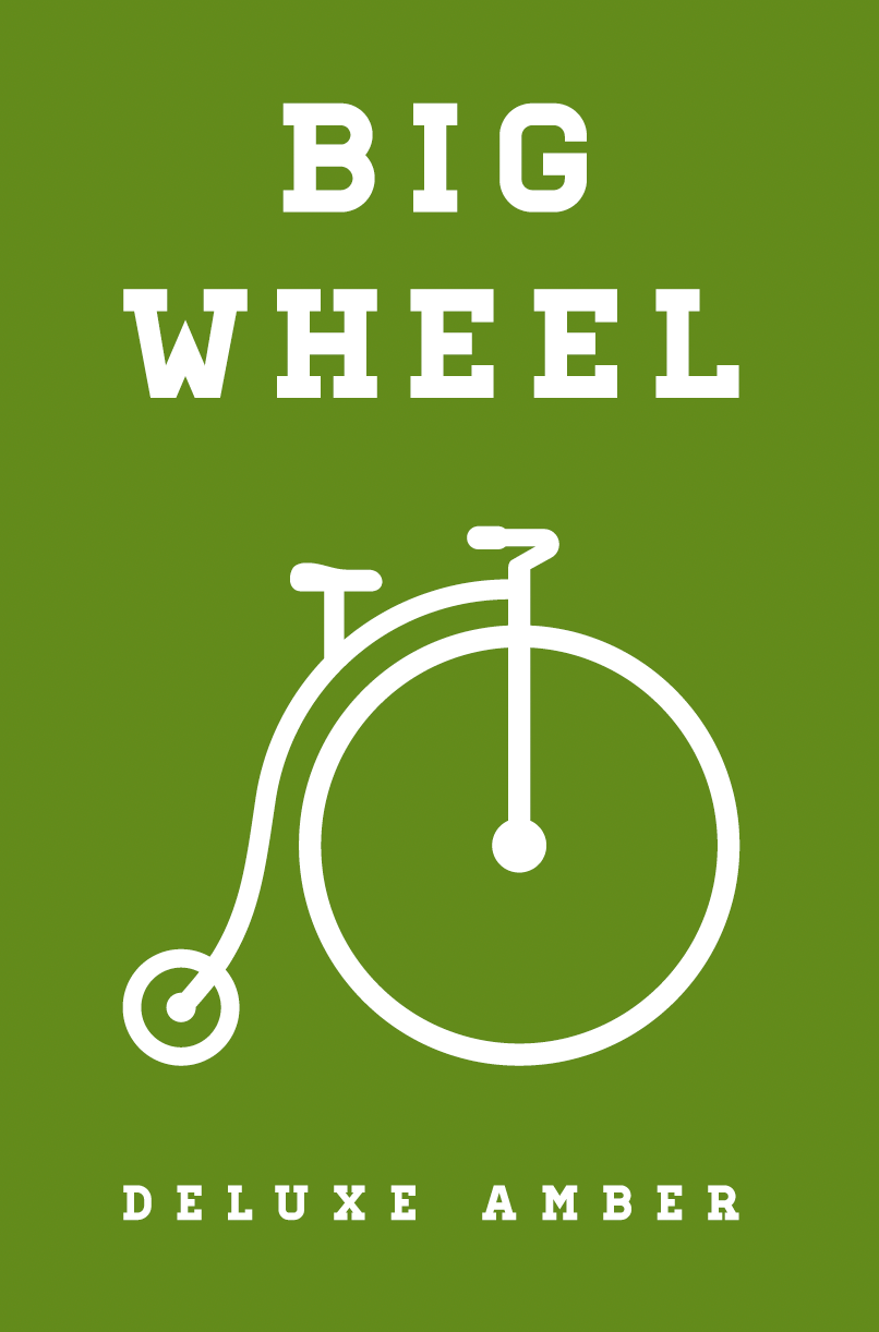 Big Wheel Deluxe Amber label with a white bicycle illustration and text on a green background