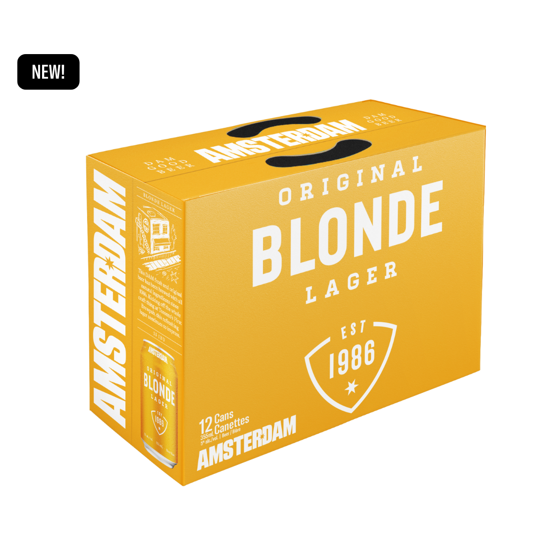 Amsterdam Blonde Lager 12-pack in bright yellow box – smooth, easy-drinking beer. Limited time offer.