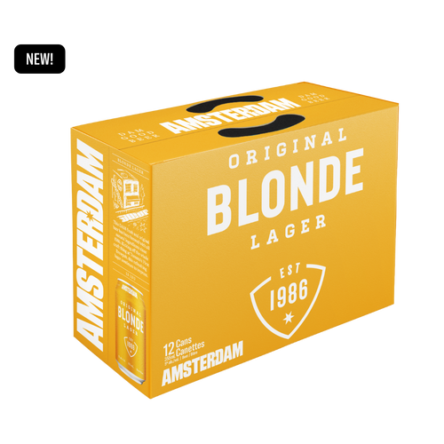 Amsterdam Blonde Lager 12-pack in bright yellow box – smooth, easy-drinking beer. Limited time offer.