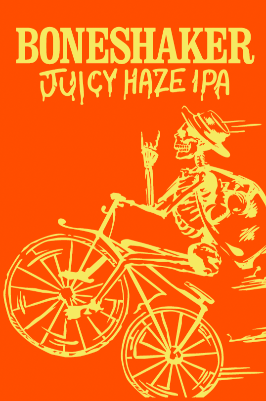 Boneshaker Juicy Haze IPA label with skeleton on a bicycle against an orange background