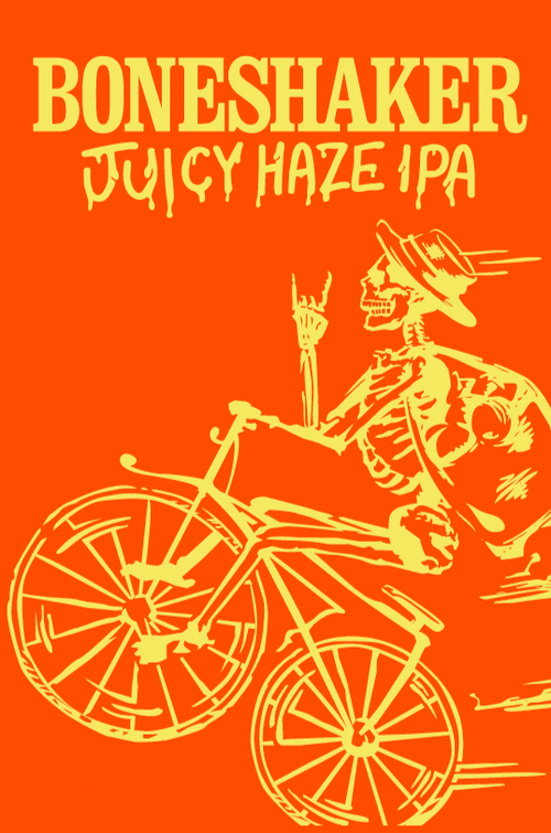 Boneshaker Juicy Haze IPA label with skeleton on a bicycle against an orange background