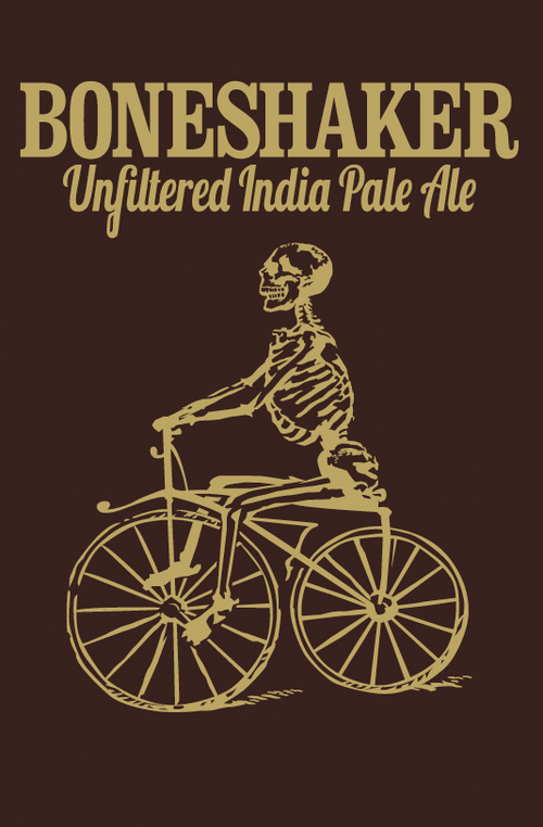 Boneshaker Unfiltered India Pale Ale label with skeleton on bicycle