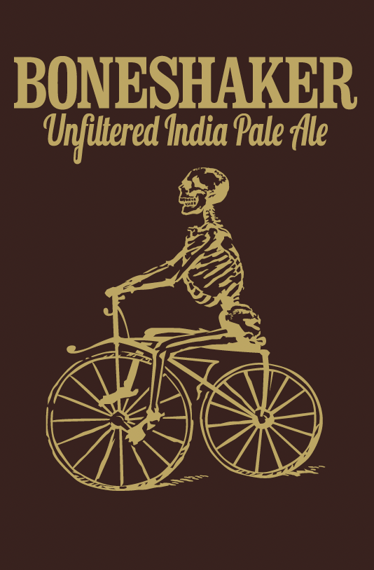 Boneshaker Unfiltered India Pale Ale label with skeleton on bicycle