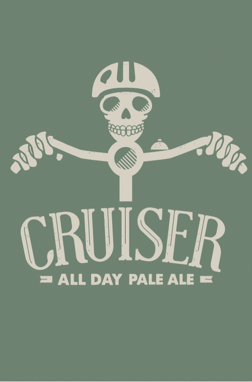 Logo for 'Cruiser All Day Pale Ale' with a skull wearing a helmet on a green background