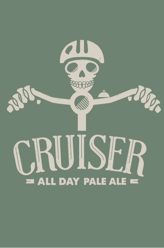 Logo for 'Cruiser All Day Pale Ale' with a skull wearing a helmet on a green background