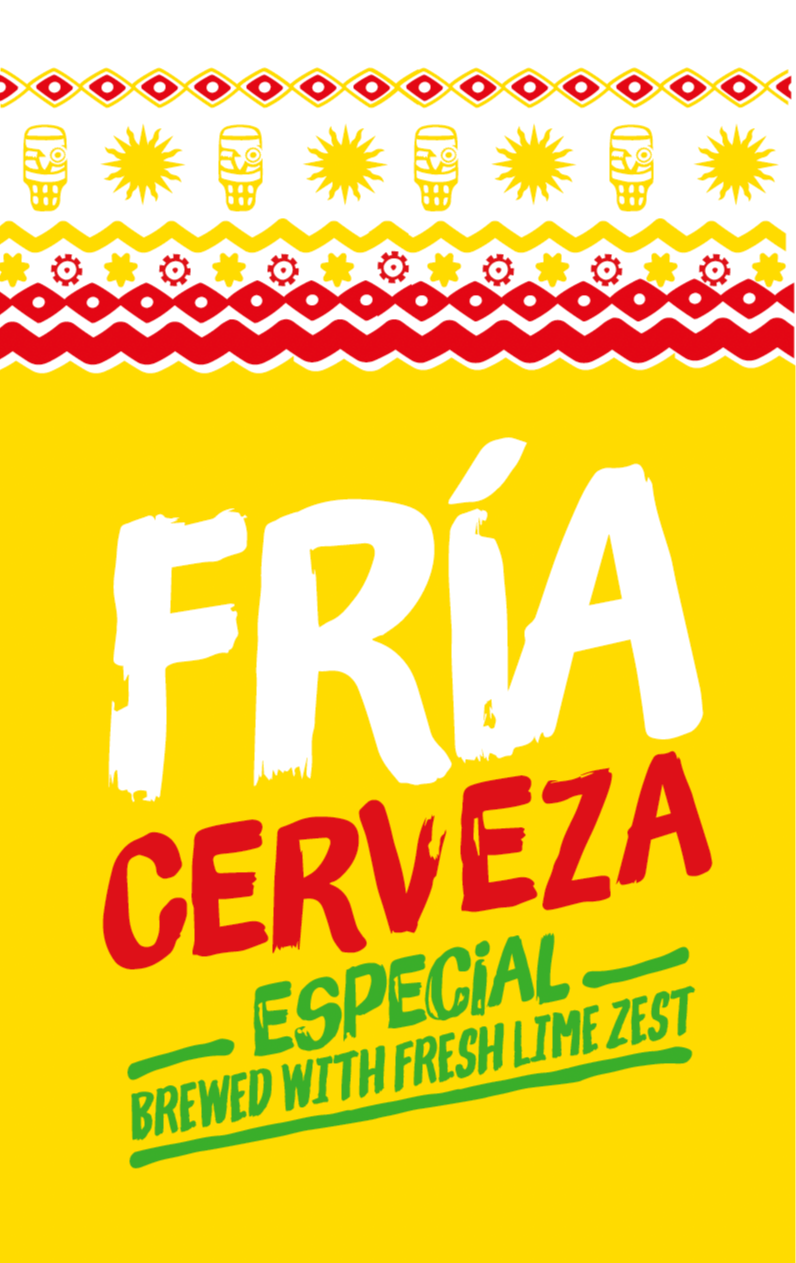 Fria Cerveza beer label with yellow background and colorful design elements.