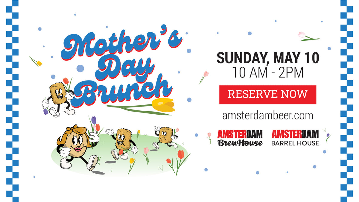 Mother's Day Brunch Promotional Poster for Amsterdam BrewHouse and Amsterdam Barrel House featuring a retro imagery of animated food characters on a white background