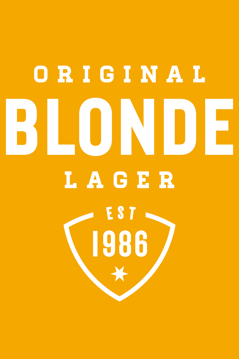Original Blonde Lager logo with 'Est. 1986' on a yellow background
