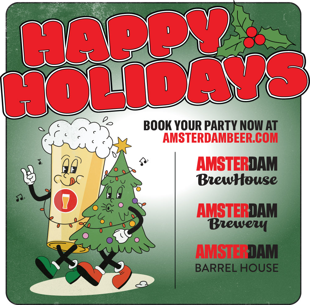 Promotional graphic for Amsterdam Beer with a cartoon beer mug and Christmas tree, featuring 'Happy Holidays' text and website information.