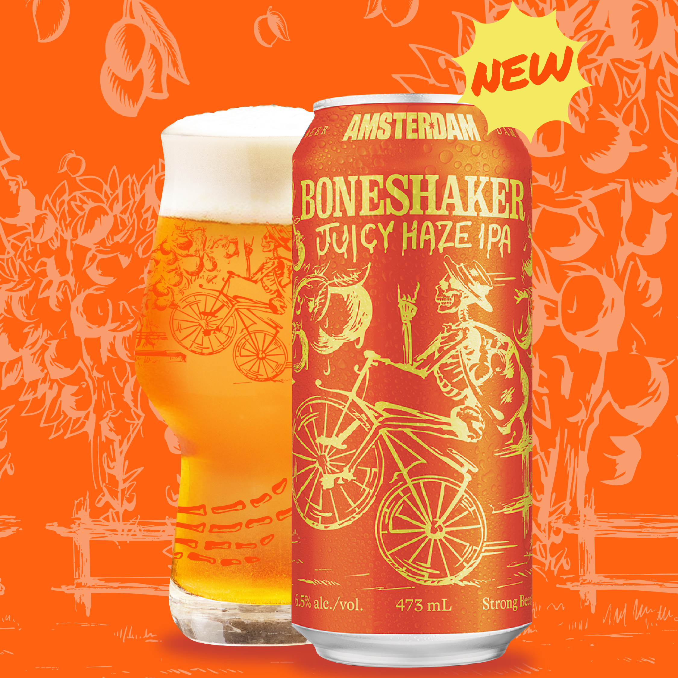 Can of Boneshaker Juicy Haze IPA with a glass of beer on an orange background