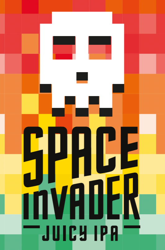 Space Invader Juicy IPA label with pixelated design on a colorful background