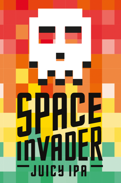 Space Invader Juicy IPA label with pixelated design on a colorful background